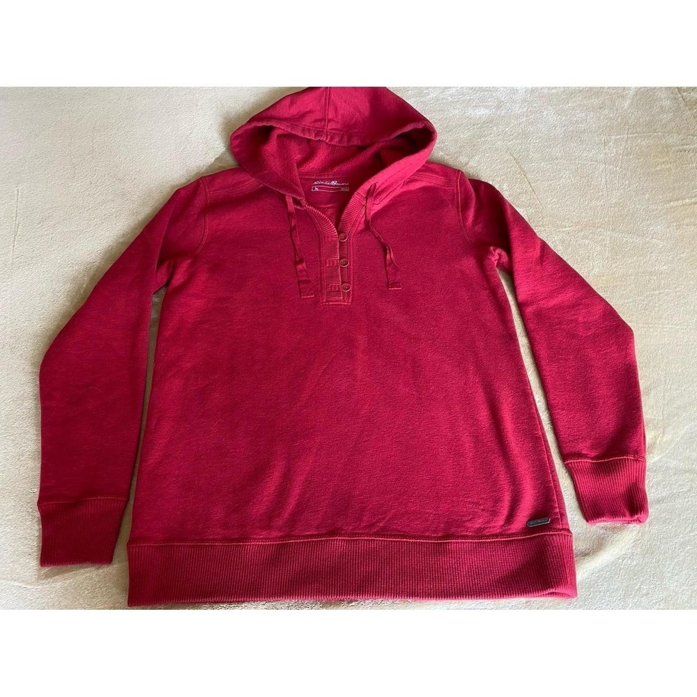 Eddie Bauer Sweatshirt Women Henley Hoodie Tall Large Red Button Front s50